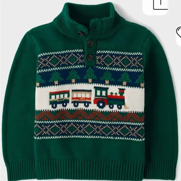 Boys Green Train Fairisle Mock Neck Sweater Polar Express Theme Winter Holiday - Picture 2 of 2